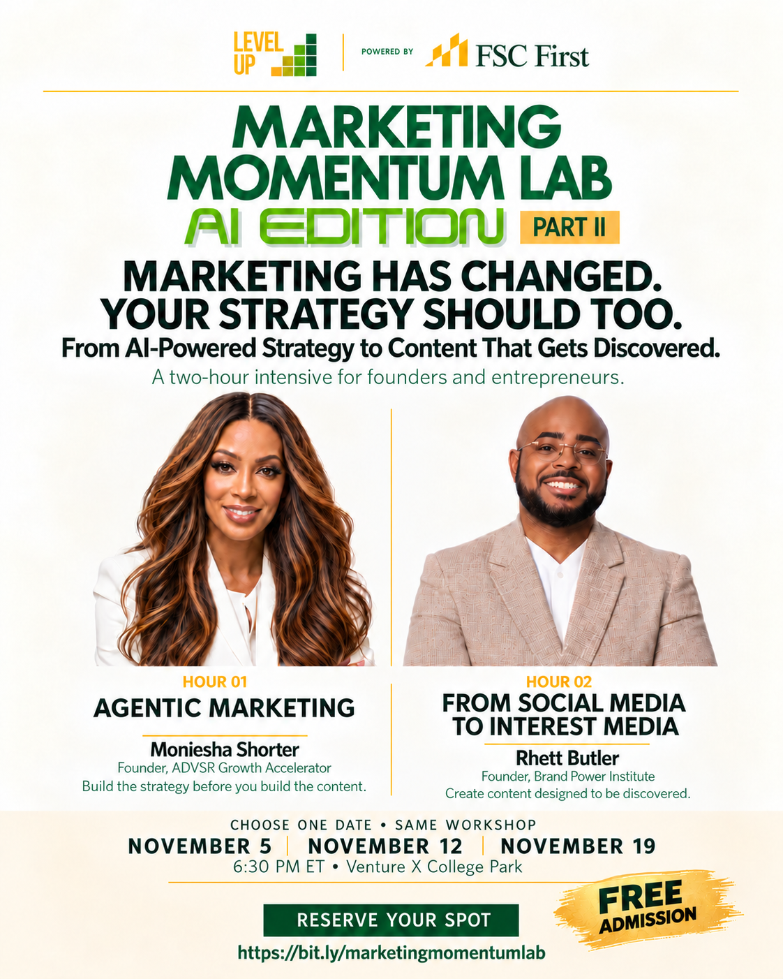 Marketing Momentum Lab — AI Edition, Part II promotional artwork featuring Moniesha Shorter and Rhett Butler, presented by Level Up, powered by FSC First.